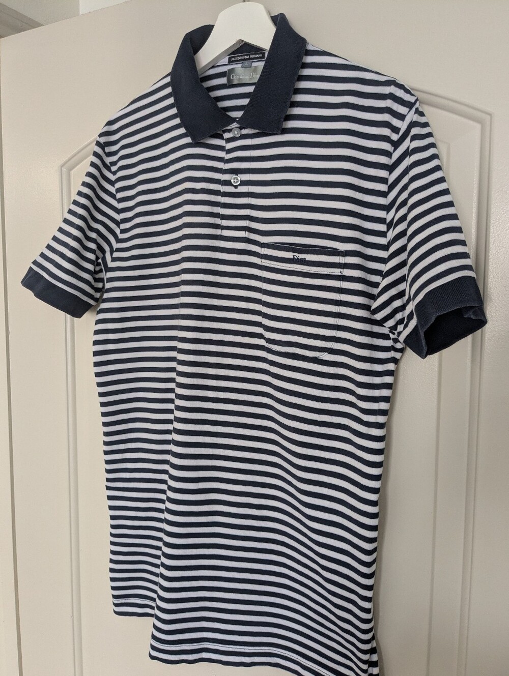 Christian Dior Polo Shirt Men’s L Navy White Stripe Pima Cotton Pocket Logo